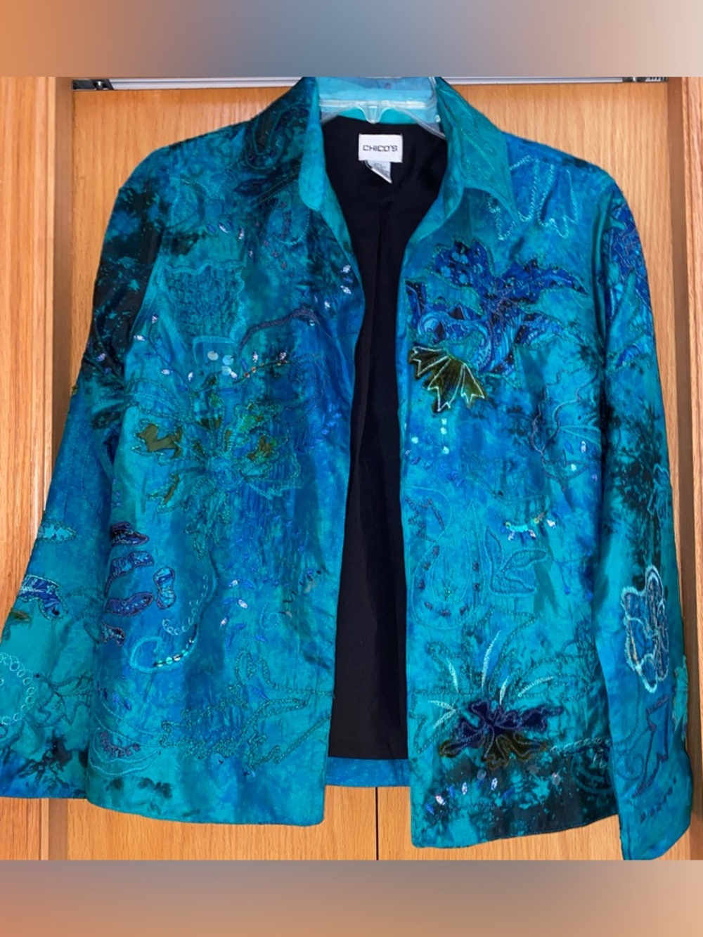 Chicos Silk Blazer Women's Size 0 Small Open Front Floral Sequins Embroidered